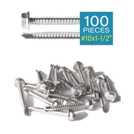 IMScrews 100pcs #10 x 1-1/2" Stainless Hex Washer Head Self Drilling Screws, 410 Stainless Steel Full Thread Sheet Metal Tek Screws