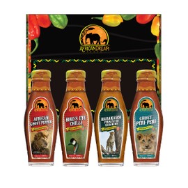 Hottest Variety Sauce Gift Pack by African Dream Foods |African Ghost Pepper, Bird's Eye Chili, Habanasco, Ghost Peri-Peri Hot Sauce | Vegan, Non-GMO Spicy Hot Sauces | 5 fl oz, 4 Bottles