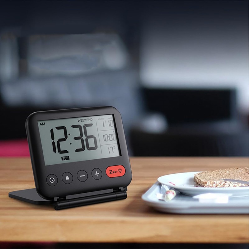 POFET 2-Level Backlight Folding Cover Travel Alarm Clock Calendar Temperature
