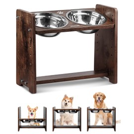 Jovrun Elevated Dog Bowls, Adjustable Raised Dog Bowls Stand for Medium Dogs and Cats, Durable Bamboo Dog Feeder with SS Bowls and Non-Slip Feet, Dog Food Bowls for Medium Dogs Cats