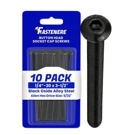 Fastenere Button Head Socket Cap Screws - 1/4-20 x 3-1/2" (10-Pcs) Alloy Steel, Fully Threaded, Fine Black Oxide Finish, Corrosion-Resistant, Machine Thread, Easy to Install w/Allen Hex Drive