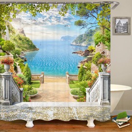 JIANGLANY Outside Balcony Scenery Shower Curtain Garden Hallway Blue Green Image Art Bathroom Decor Natural Waterproof Garden Curtain with Hooks (2, 180x180cm)