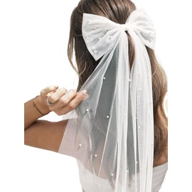 Bridal Hair Bow Veil with Pearl,White Hair Bow Clip Bachelorette Party Accessories, Tulle Wedding Veil Bridal Hair Accessories for Hen Night Party Bridal Shower