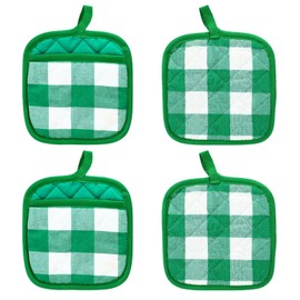 Thatyro 4 Pieces Checked Pot Holders Set, Heat Resistant Oven Mitts Pads with Pocket, Non-Slip Potholders for Kitchens Clearance Backing Cooking Countertop Decor Accessories (White, Green)