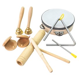 Regaro Educational Percussion Instrument Set, Kids, Toy, Wood, Percussion, Gift, Kids, Toy, Tambourine, Triangle, Castanet, Wood Blocks, Handbell, Music, Colorless, Natural, 5 Types, 7 Pieces