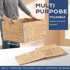 XXXL Jumbo Foldable Wicker Basket,20‘' x 20‘' x 12‘' Extra Large Water Hyacinth Storage Baskets with Inside Handle, Rectangular Handwoven Storage Basket for Blankets Baby Toy Laundry Organizing