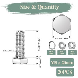 GOHODOMINO M8 x 20 mm (Pack of 20) Structural Screws Stainless Steel DIN933 Full Thread Hexagon Bolt Set Machine Screws Threaded Rod