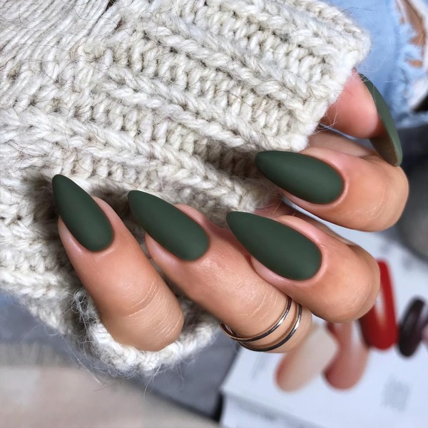 KQueenest Matte Dark Green Press on Nails Medium Stiletto Almond,Pure