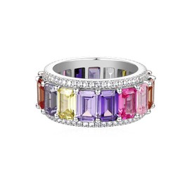 Daffany Rainbow Eternity Band Rings for Women Wedding Bands 925 Sterling Silver Baguette Cut Multi Color AAA Created-Gemstone Rainbow Stackable Ring, Mother's Day Gift For Her Anniversary Band Sizes 6 to 12 (with Gift Box) (Silver-Rainbow, 6.5)