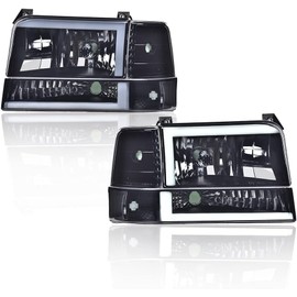 G-PLUS LED DRL Headlights, Compatible with 1992-1996 Bronco/1992-1996 Ford F150 F250 F350 Super Duty Headlamps w/Corner Signal, Driver Side & Passenger Side, Smoky lens Black Housing Clear Reflector