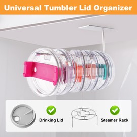 2 Pack Tumbler Lid Organizer, Space-Saving Under Cabinet Cup Lid Organizers, Extended Design for Storing up to 8 Cup Lids, Self-Adhesive or Drilling Tumbler Lid Hook for Kitchen Organizers and Storage