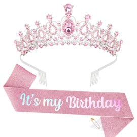 BAHABY Birthday Crown for Women, It's My Birthday Sash & Rhinestone Tiara Set Princess Birthday Sash and Tiara for Women Birthday Decorations for Women Girls- Pink