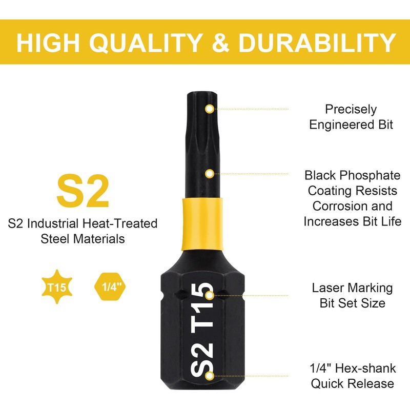 DAKCOS T15 Torx Bit, Impact Driver Bits, 1/4" Screwdriver Bit