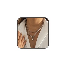 Quizzhe Dainty Vintage Layered Pearl Necklace Silver Toggle Clasp Paperclip Chain Necklace Bohemian Beaded Necklace Punk Baroque Pearl Trendy Prom Necklace for Women (Style2)