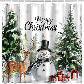MZYZAF Farmhouse Christmas Forest Shower Curtain Winter Snowman, 70X70Inch