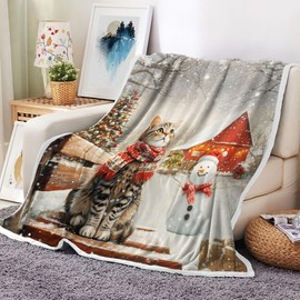 Winter Christmas Blanket, Winter Snowflake Holiday Xmas Throw Blankets, Cute Cat with Snowman Holiday Xmas Throw Blanket Super Soft Plush Blankets for Snow, 50X60 inch