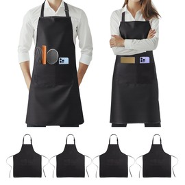 Goldeluxe Set of 4 Black Aprons, Waterproof Cooking Aprons for Men and Women (68 x 80 cm) Kitchen Apron with 2 Pockets, Adjustable Neck Strap, Long Waist Ties, Ideal as a Smock Apron for Kitchen