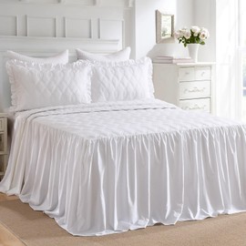 DDUOXIN Ruffle Skirt Bedspread Coverlet Sets Farmhouse King Bedspreads Vintage Chic Bed Spreads with 2 Pillow Shams, White