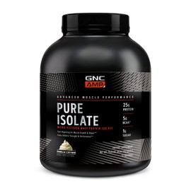 GNC GNC AMP Pure Isolate Whey Protein Powder, Muscle Growth, Recovery, Performance, 25g Protein, 5g BCAA, 1g Sugar, 130 Calories or Less, 3rd Party Tested, Gluten Free, Vanilla Custard, 70 SVG