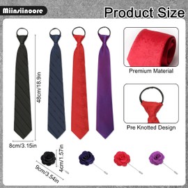 Miinsiinoore Clip on Ties, 4 Pcs Adjustable Zipper Ties and 4 Pcs Rose Brooch Pins, Clip-On Tie Pre-tied Neckties for Business Wedding
