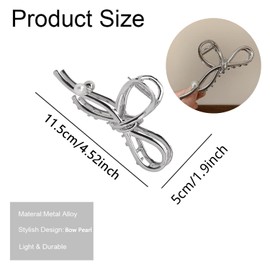 Large Hair Clips for Thick and Thin Hair Metal Sliver Bow Hair Claw Clips with White Pearls Design Elegant French Hairpins Jaw Clips Strong Hold Hair Accessories for Women Girls Daily Wedding Wear