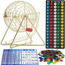 MR CHIPS 11" Tall Bingo Set with Steel Cage Professional Game Everlasting 7/8” Balls, 18 Cards and 300 Chips - Luxury Gold Color