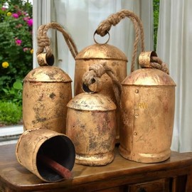 Set of 5 Large Bells XXL - Farmhouse Bells Vintage Style Harmony Shabby Chic Rustic Chime for Christmas Decor - Gold Chime on Rope - Decorative Chime Hanging Ornaments
