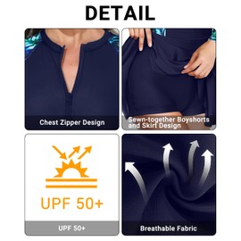 Daci Women Blue Leaf Long Sleeve One Piece Rash Guard Modest Swimsuits Dress Zipper Bathing Suit Skirt with Short UPF 50+ XL