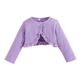 Girl Cardigan Long Sleeve Knitted Cardigans Button Plain Beolero Shrug(Purple, 5-6 Years)