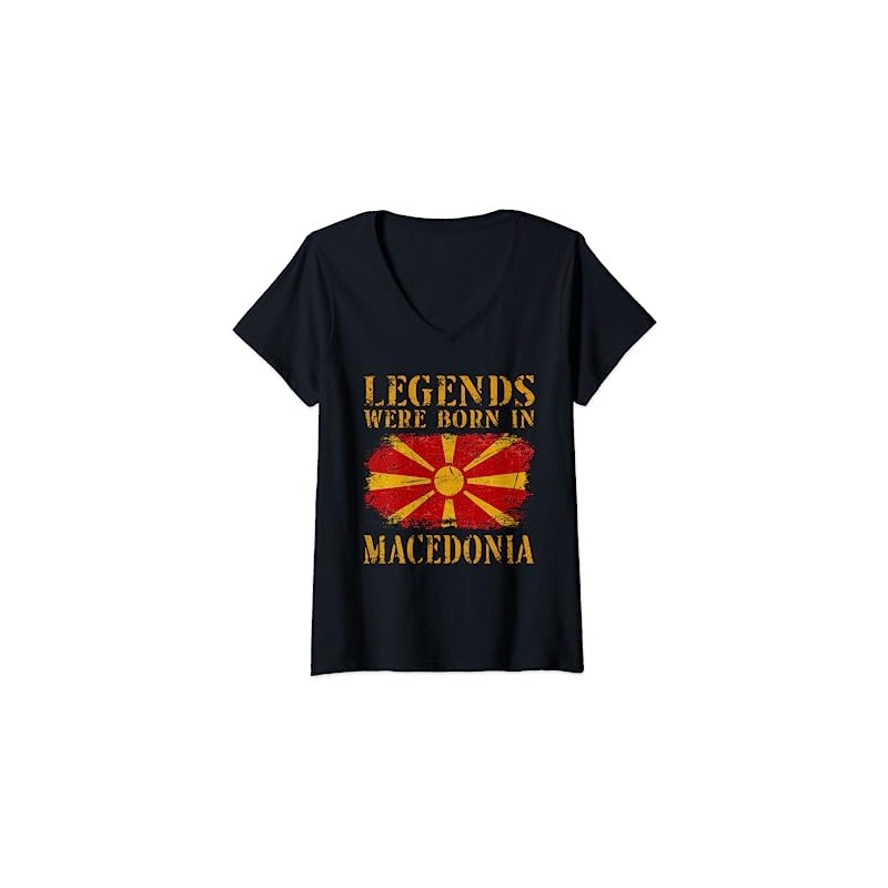 Women's Vintage Design Macedonian Flag Macedonia V-Neck T-Shirt, black