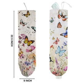 2Pcs Vintage Floral Plastic Bag Holder, Wall Mount Trash Bag Holder, Summer Floral Colorful Butterfly Reusable Grocery Bags Storage Dispenser for Home Kitchen Pantry, Butterfly Gifts for Women