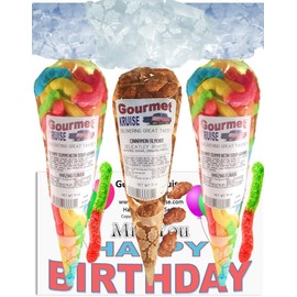Miss You Happy Birthday Series Bright Sour Worms And Almonds Cinnamon Roasted (NET WT 31 OZ) (Pack of 3) In 1 Box Gourmet Kruise Signature Gift Bags