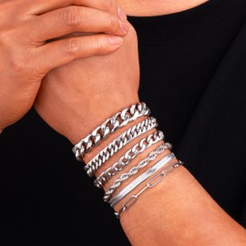 YATOJUZI 6 Pcs Stainless Steel Bracelets for Men Mens Bracelet Silver Stainless Steel Cuban Link Bracelet Rope Paperclip Snake Chain Bracelets Set for Men Metal Accessories 8.3 Inches