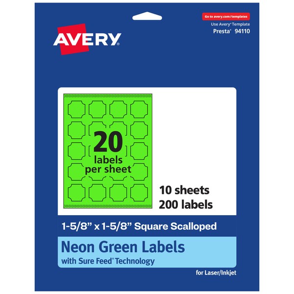 Avery Printable Square Scalloped Labels with Sure Feed Technology, 1-5/8"