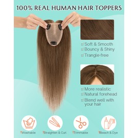 Benehair Hair Toppers for Women Real Human Hair 9 * 12CM Silk Base Hair Pieces No Bangs 150% Density Hair Topper for Thinning Hair 100% Remy Hair Pieces for Women Medium Brown 10 Inch