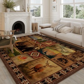 Vintage Cabin Area Rugs for Living Room 5'x7', Non Slip Machine Washable Rustic Lodge Bear Rug Carpet for Dining Floor Bedroom Office Indoor, Farmhouse Rustic Living Room Decor