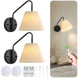 Novantl Black Wireless Wall Sconces Set of Two, Swing Arm Battery Wall Sconce, Battery Operated Wall Sconce with Remote, Battery Sconces with Linen Lampshade, Rechargeable Wall Lights for Living Room