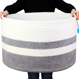 XXXLarge Cotton Rope Basket for Living Room - Woven Storage Basket with Handle for Blankets, Towels and Pillows Laundry Hamper (21" x 21" x 13.8") - Color: white and gray