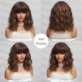 Brown Wig with Bangs,Shoulder Length Bob Curly Wavy Wigs for Women Brown Highlight Wig, Heat-resistant Synthetic Hair Wigs for Cosplay Party Daily Use