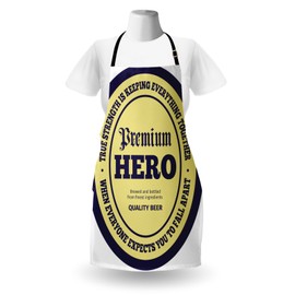 Lunarable Man Cave Apron, Courage Beer Truth Strength Premium Hero Quality Brew Logo Print, Unisex Kitchen Bib Apron with Adjustable Neck for Cooking Baking Gardening, Pale Yellow Royal Blue