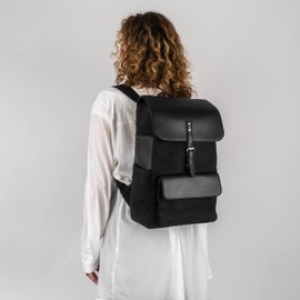Expatrié Backpack Women Cotton Canvas & Vegan PU Leather Black Ella Daypack Large - Women Rucksack Elegant - Backpacks 15l Bag