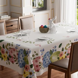 BOTB LIHM Easter Colorful Eggs Flowers Butterfly Eucalyptus Leaves Tablecloth Rectangle Washable Table Covers for Spring Indoor Outdoor Dining Table Home Party Decorations 60x84 Inch