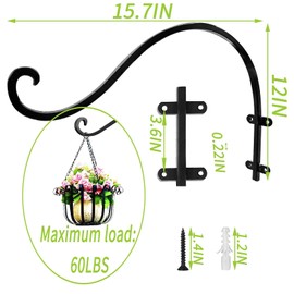 EPHECH 2Pack Heavy Duty Plant Hanger Hook for Outdoor and Indoor, 16Inch Wall Hanging Basket Bracket, Black Metal Outdoor Hanging Bracket for Hanging Flower Pot Bird Feeder Lanterns