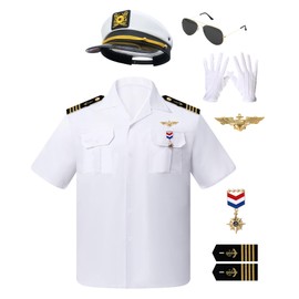 8PCS Men's Yacht Captain Sailor Costume Adult Sailor Shirt with Hat Epaulets Gloves Cruise Chest Badge Sunglasses Military Medal and Prop Set Sailor Outfit for Dress-up Parties Birthday Party White