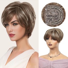 PHOCAS Short Hair Toppers for Women with Thinning Hair Highlight Brown Synthetic Hair Toppers Fluffy Clip In Hair Piece