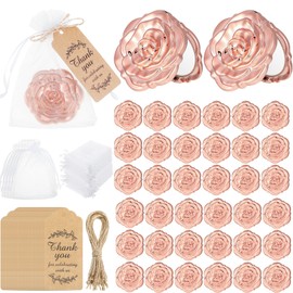 Woanger 36 Set Rose Compact Mirrors Bulk Wedding Favors Including Rose Shape Mirrors and Thank You Tags Jute Twine with White Organza Bag for Quinceanera Wedding Party Guests Souvenir Gift(Rose Gold)