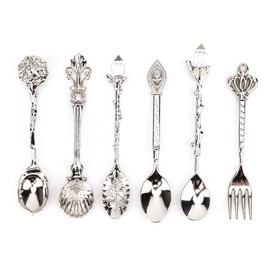 Fdit 6Pcs/Set Vintage Carved Coffee Spoon Teaspoon Retro Zinc Alloy Dessert Coffee Tableware Spoons Cutlery Kitchen(Silver)