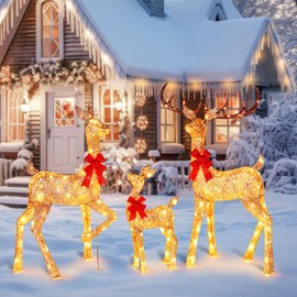 Brightown 60in 3-Piece 3D Lighted Christmas Deer Family Set, Outdoor Christmas Decorations with 210LED Lights, Pre-lit Reindeer Decor for Xmas Front Door Indoor Outside Yard Lighted Holiday Displays