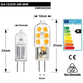 HUAMu G4 2W LED Bulb, Warm White 3000K, 250LM, AC 220V, 12 SMD 2835 LEDs, 20W Glow Equivalent, 360° Beam Angle, Not Dimmable, Pack of 10