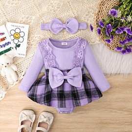 KAFIREN Baby Girl Clothes 3-6 Months Fall Winter Outfit Plaid Romper Long Sleeve Dress Lace Ruffles Bodysuit with Bow Headband (Purple, 3-6 Months)